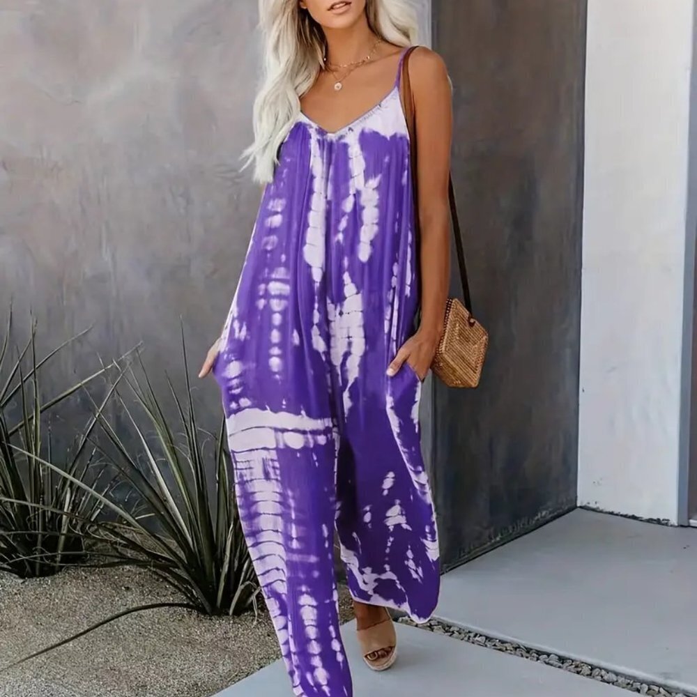 6X 5X 4X Plus Size Purple Tie Dye Sleeveless One Piece Casual Romper Jumpsuit - Picture 2 of 5